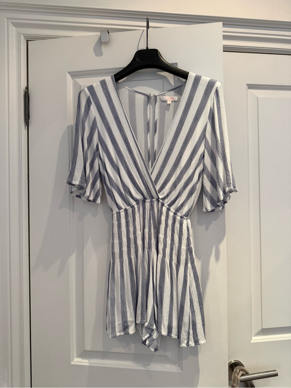 Luxxel Blue and White Striped V-Neck Romper